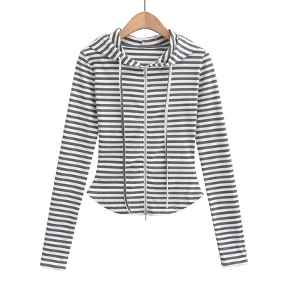 Woman wearing Hooded Stripe Half-Zip Cardigan in a casual setting
