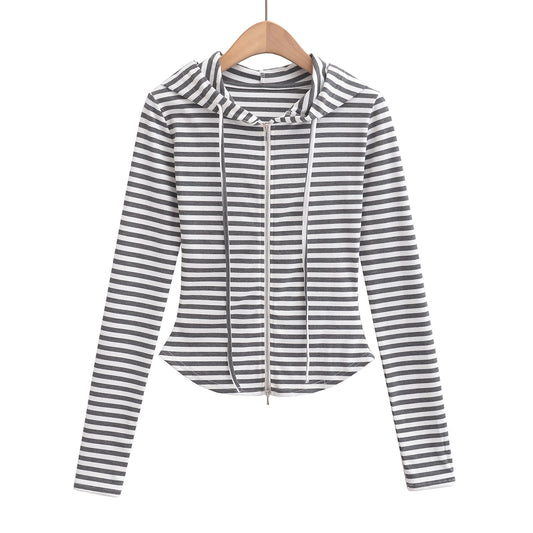 Woman wearing Hooded Stripe Half-Zip Cardigan in a casual setting