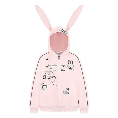 Woman wearing Embroidery Long Ear Hooded Zip-Up Hoodie in casual street setting