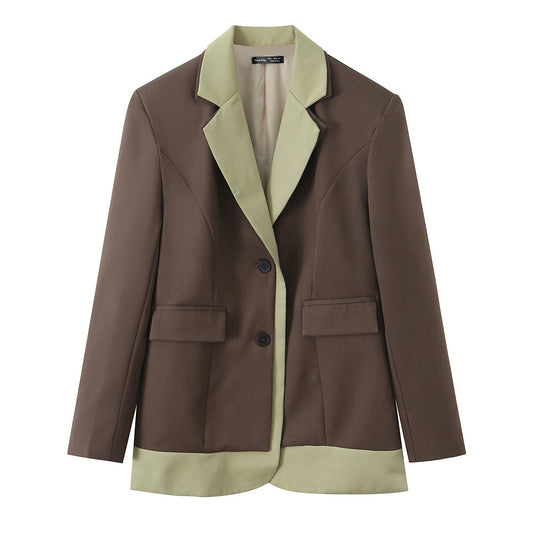 Woman wearing Splicing Casual Suit Jacket for women in a stylish urban setting