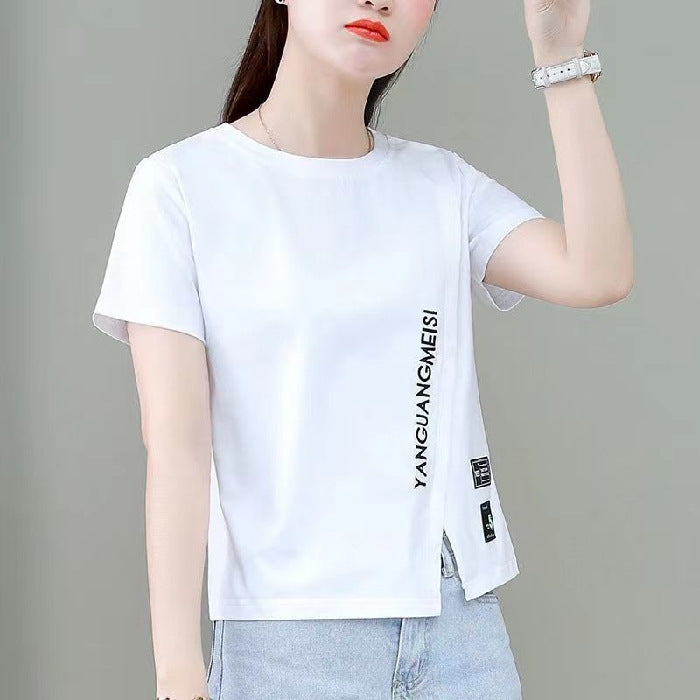 Woman wearing Chic Short Sleeve Slim Fit Top in a casual summer setting