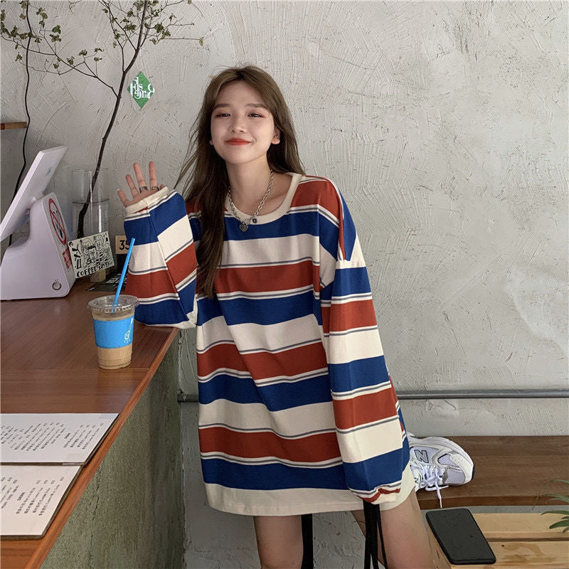 Casual Loose Stripe Long Sleeve T-Shirt | Tajstylo