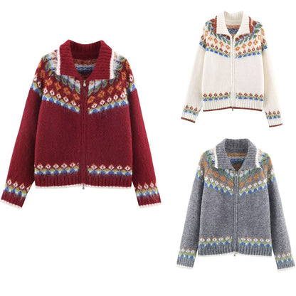 Woman wearing Jacquard Double Pull Knitted Cardigan Jacket in a casual setting