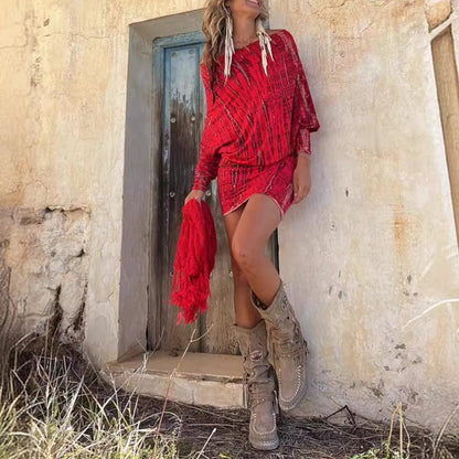 Woman wearing One-Shoulder Batwing Sleeve Bodycon Mini Dress in a vibrant setting