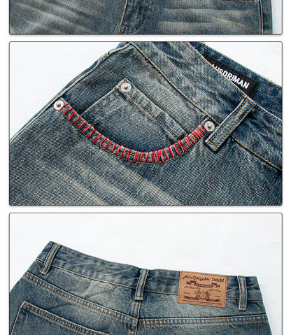 Washed Distressed Cat Eye Denim Pants | Tajstylo