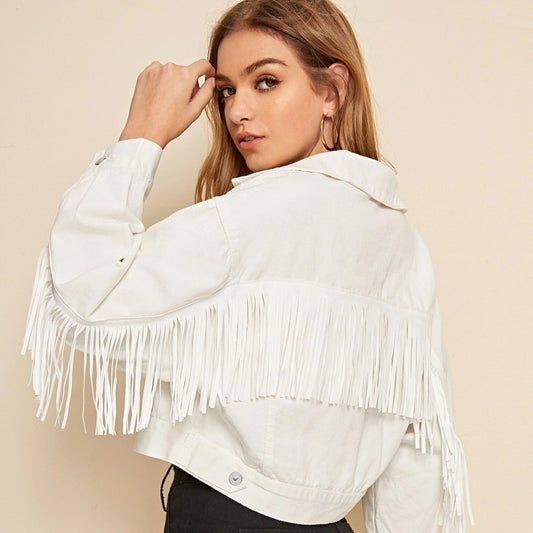 Fringed Denim Jacket for Women | Tajstylo