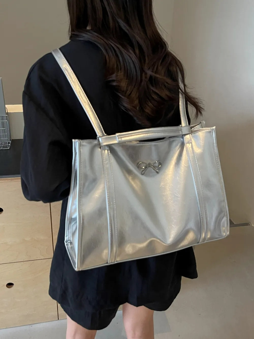 Women's PU Leather Bow Detail Adjustable Zipper Shoulder Bag – Model View | TajStylo