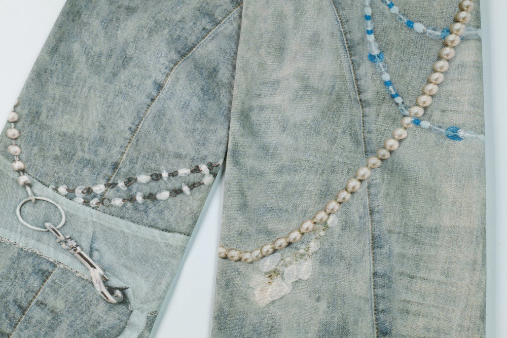 3D Digital Printed Chain Wide Leg Denim Pants | Tajstylo