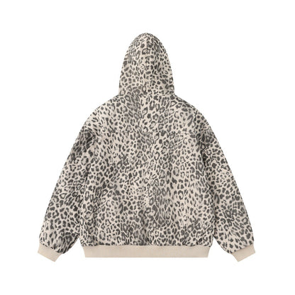 Woman wearing Leopard Print Hooded Cotton Jacket in an urban setting