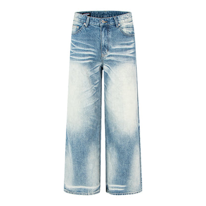 Woman wearing Vintage Distressed Straight Leg Denim Pants in a casual outdoor setting
