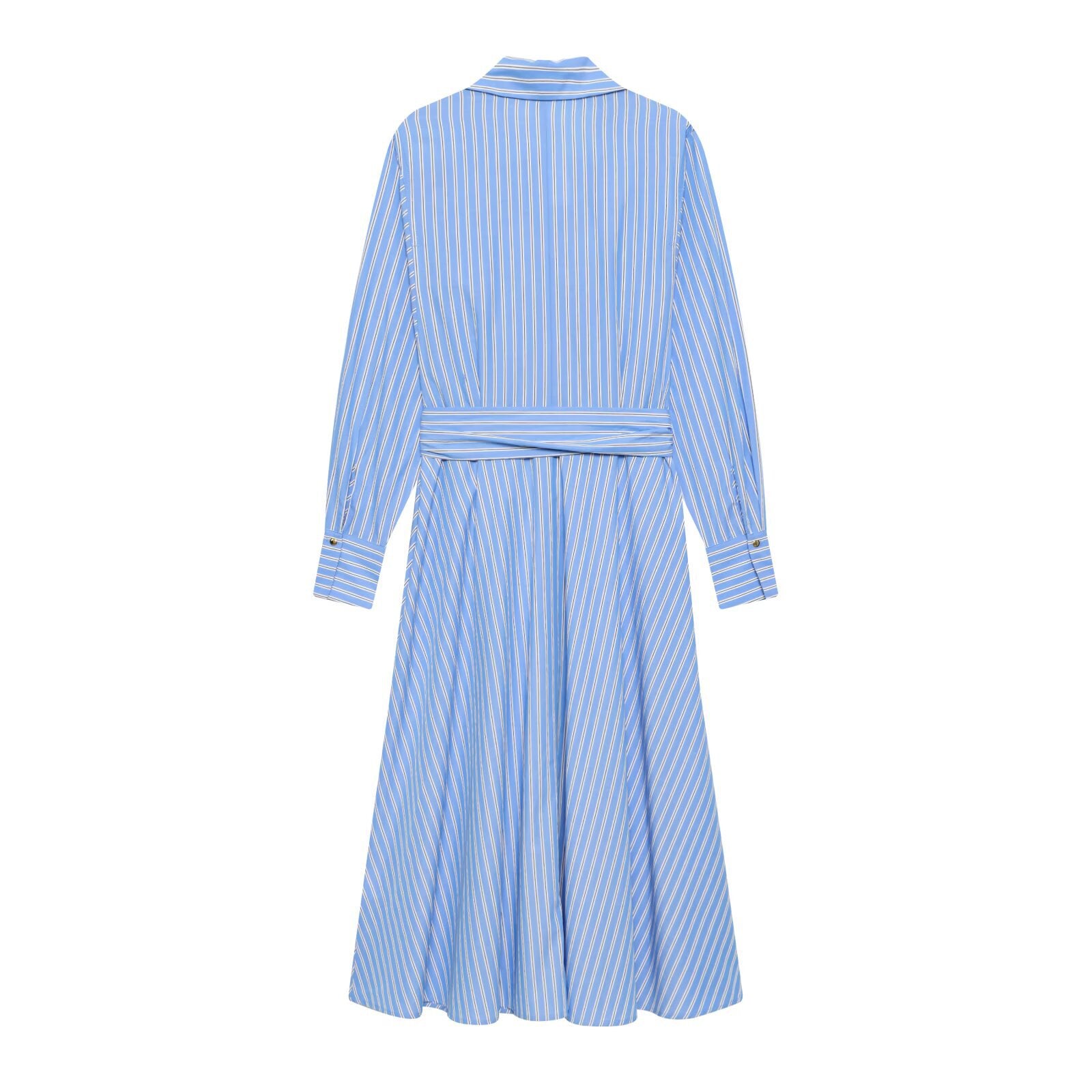 Woman wearing Elegant Stripe Polo Collar Long Sleeve Dress in a professional setting