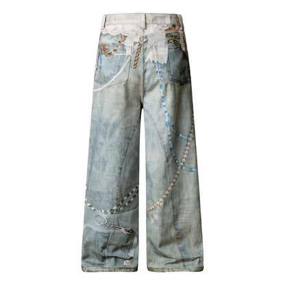 3D Digital Printed Chain Wide Leg Denim Pants | Tajstylo