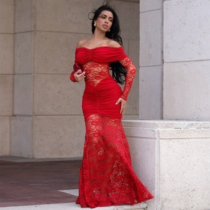 Woman wearing One-Shoulder Lace Bodycon Dress in an elegant setting