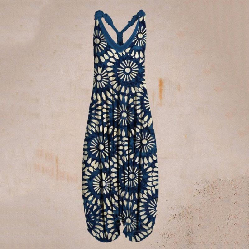 Woman wearing Printed Sleeveless Loose Knit Overalls in a city setting