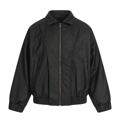 Woman wearing PU Leather Flip Collar Loose Fit Jacket in urban setting