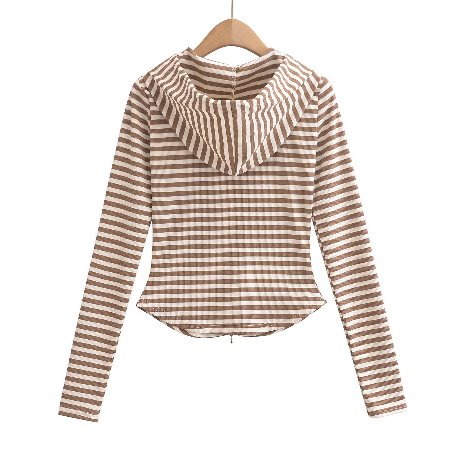 Woman wearing Hooded Stripe Half-Zip Cardigan in a casual setting