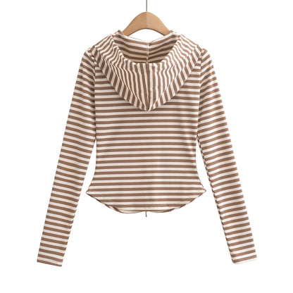 Woman wearing Hooded Stripe Half-Zip Cardigan in a casual setting