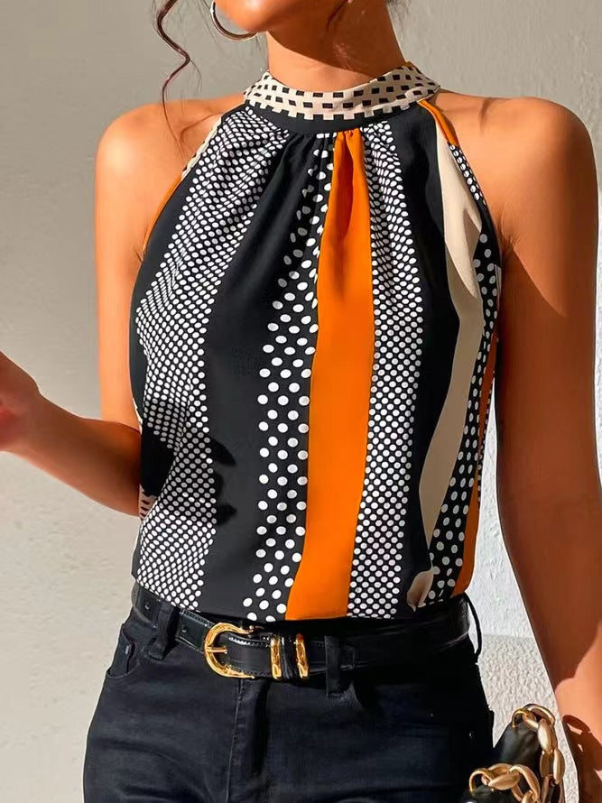 Woman wearing Printed Halter Top with Stand Collar in an urban setting