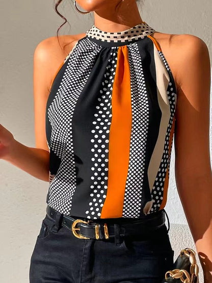 Woman wearing Printed Halter Top with Stand Collar in an urban setting