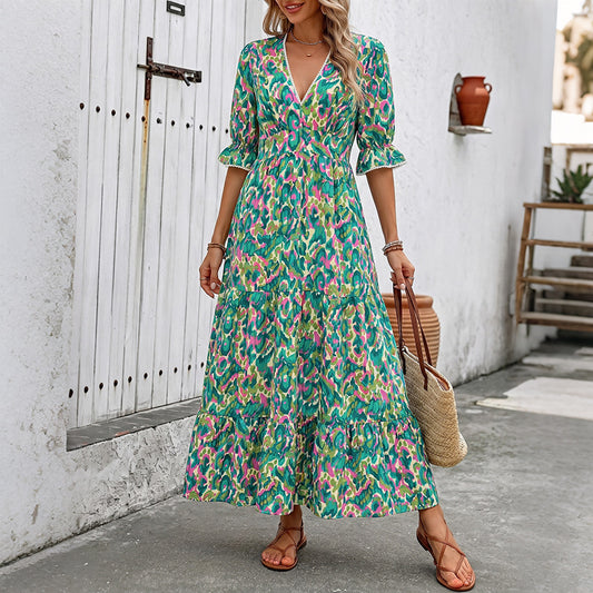 V-Neck Flared Sleeve Dress | Tajstylo