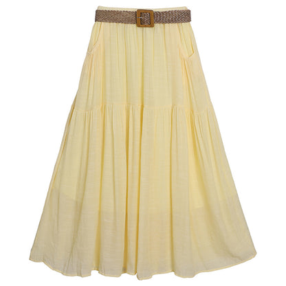 Woman wearing Belt Double Pocket Skirt in a casual outdoor setting