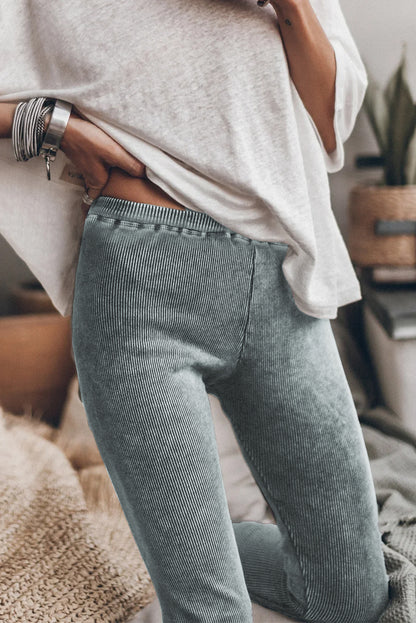 Woman wearing Dark Grey Vintage Wash Ribbed Leggings in a casual setting