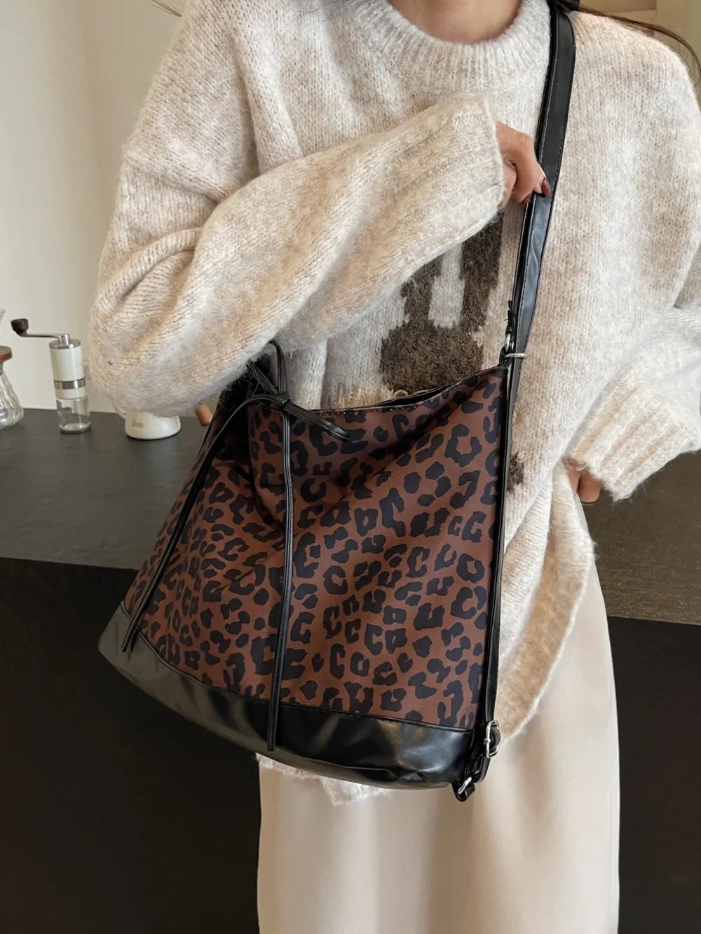 Women's Leopard Print PU Lace-Up Dual Purpose Crossbody Shoulder Bag – Model View | TajStylo