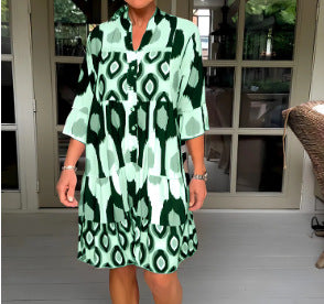 Woman wearing Fresh Print A-Line Patchwork Dress in a sunny outdoor setting