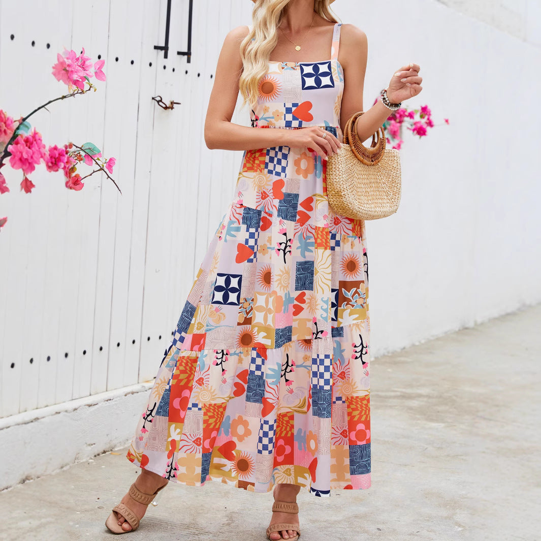 Woman wearing Floral Print Strap Flowy Boho Beach Maxi Dress in a sunny beach setting