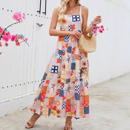 Woman wearing Floral Print Strap Flowy Boho Beach Maxi Dress in a sunny beach setting