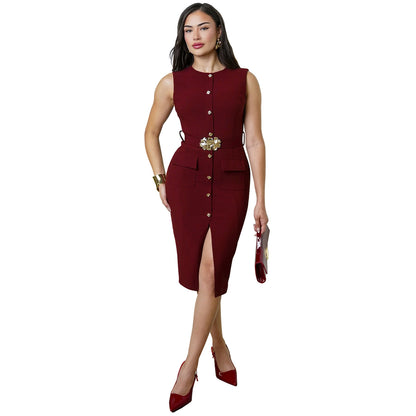 Woman wearing Sleeveless Round Neck Zipper Midi Dress in an elegant setting
