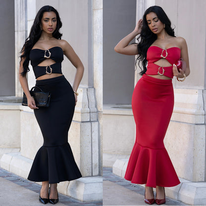 Strapless Lace Trim Top and Bodycon Skirt Set | Tajstylo