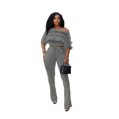 Flattering Two Piece Set with Crop Top and Flared Pants | Tajstylo