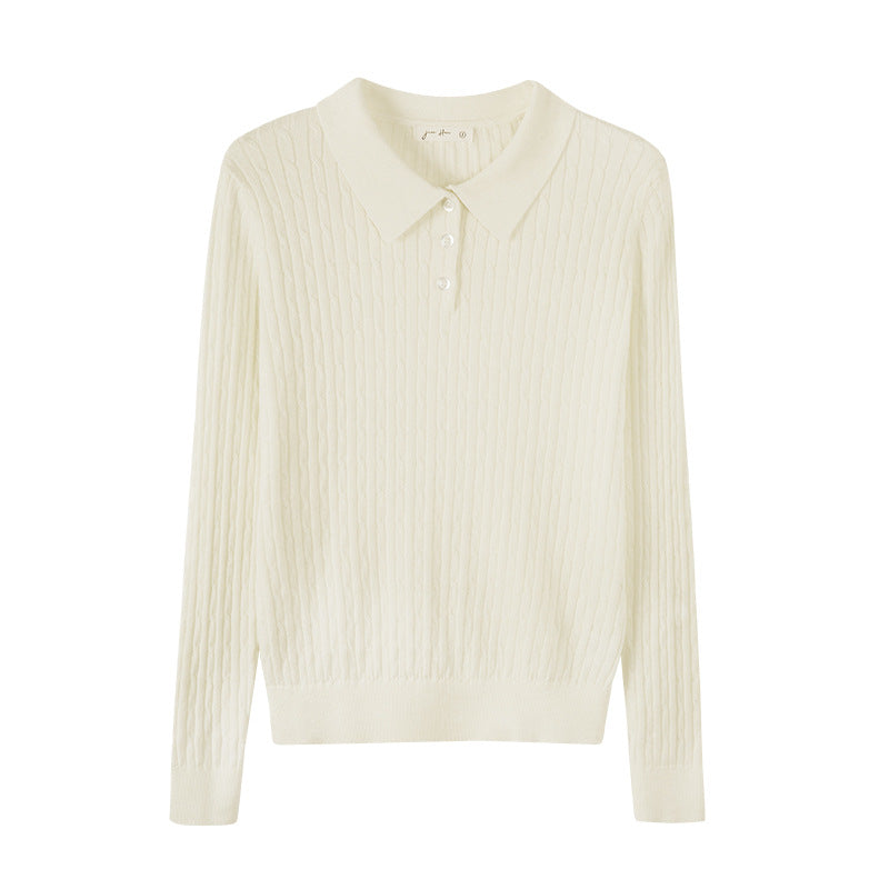 Woman wearing Slim Fit Long Sleeve Knit Sweater in a casual setting