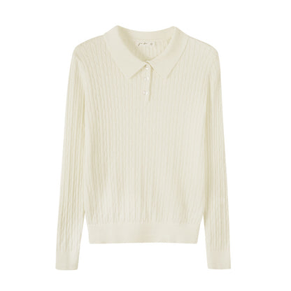 Woman wearing Slim Fit Long Sleeve Knit Sweater in a casual setting