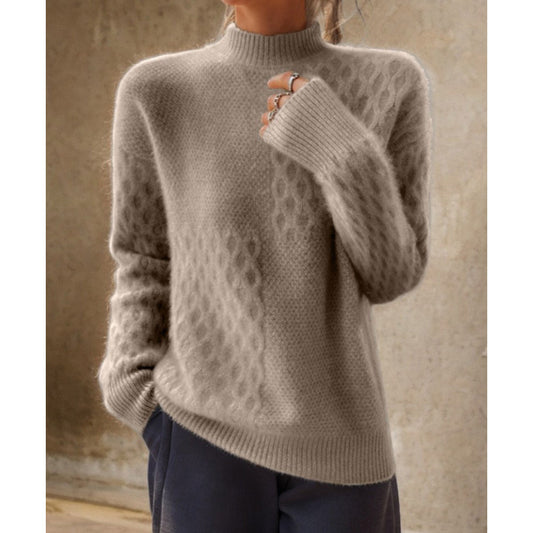Woman wearing Solid Color Half High Neck Sweater in a casual setting