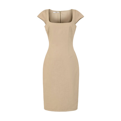 Woman wearing Solid Color Square Neck Pullover Dress in a stylish setting