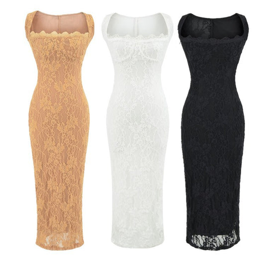 Square Neck Lace Strap Long Dress | Tajstylo