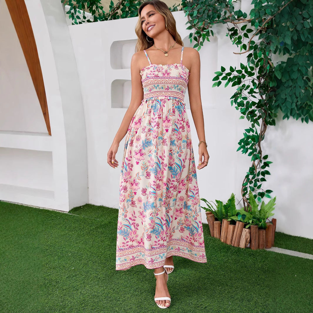 Woman wearing Bohemian Sleeveless Tie-up Backless Maxi Dress in a beach setting