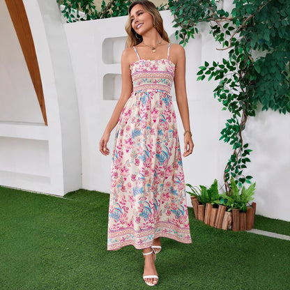 Woman wearing Bohemian Sleeveless Tie-up Backless Maxi Dress in a beach setting