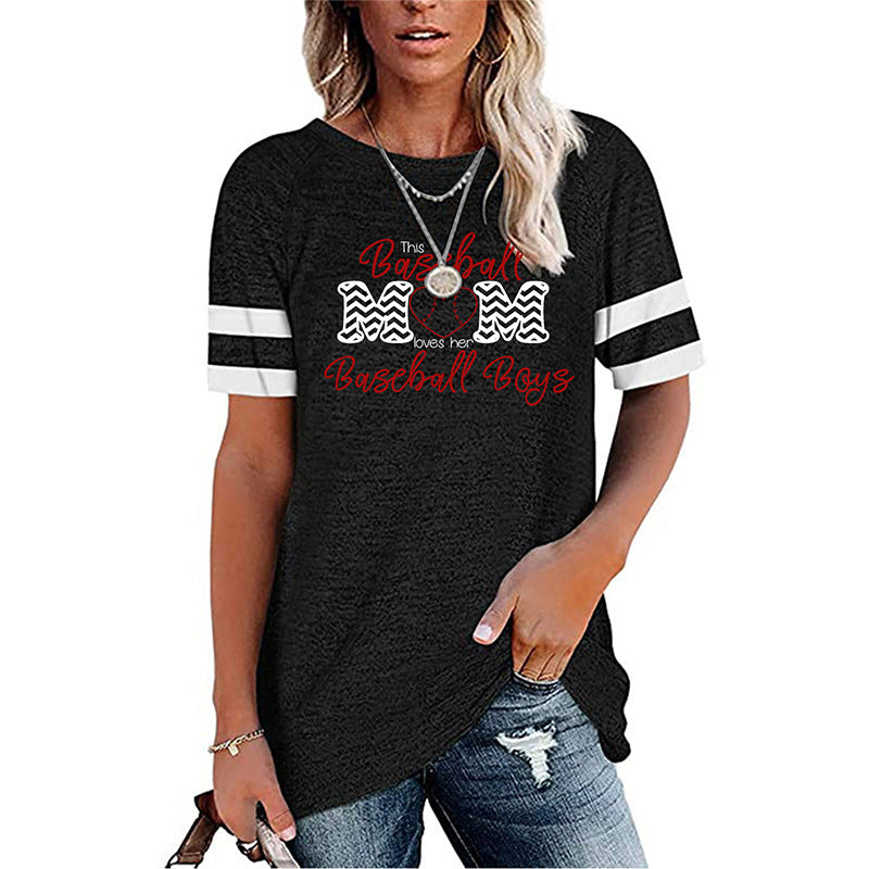 Woman wearing Mom Print Round Neck Tee in a sunny park