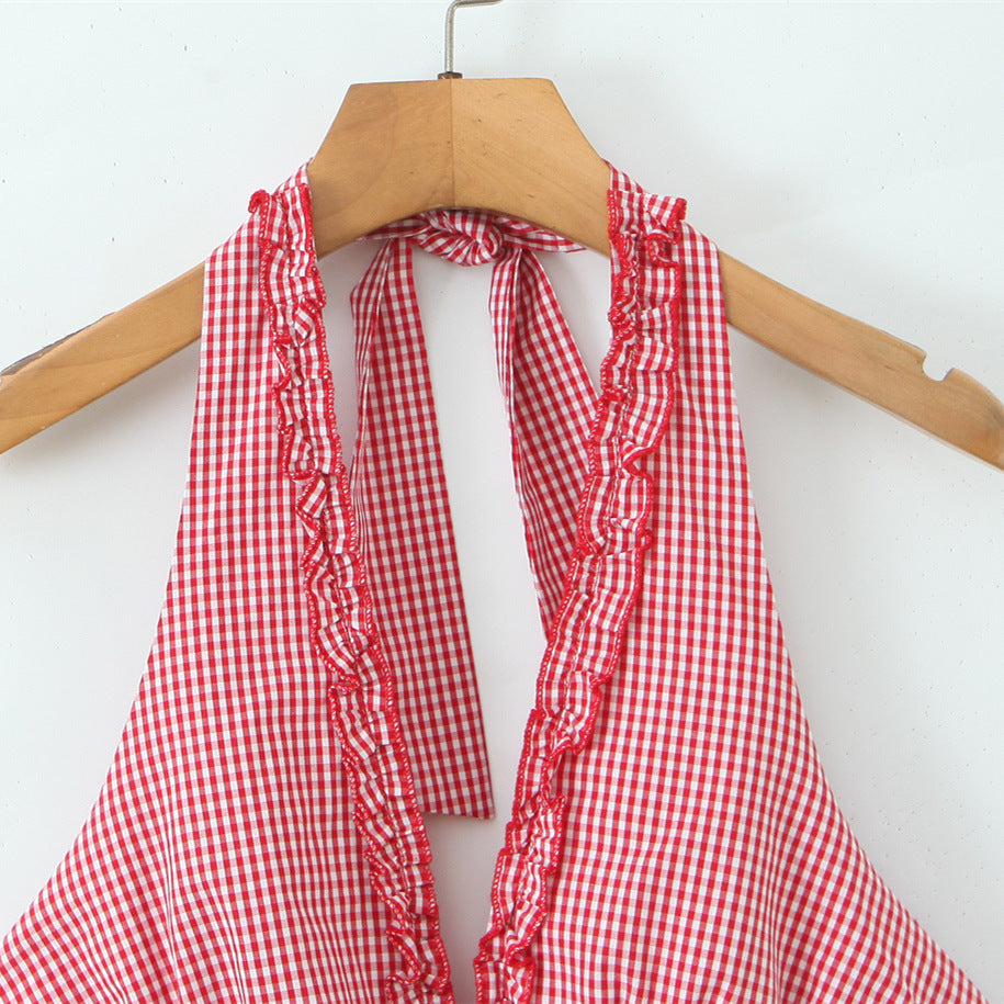 Red Plaid Halter Neck Sleeveless Short Dress | Tajstylo