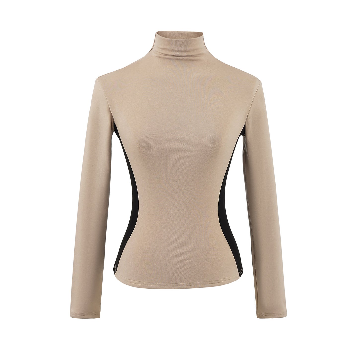 Woman wearing Color Block High-Neck Slim Fit Long Sleeve Top in a casual setting