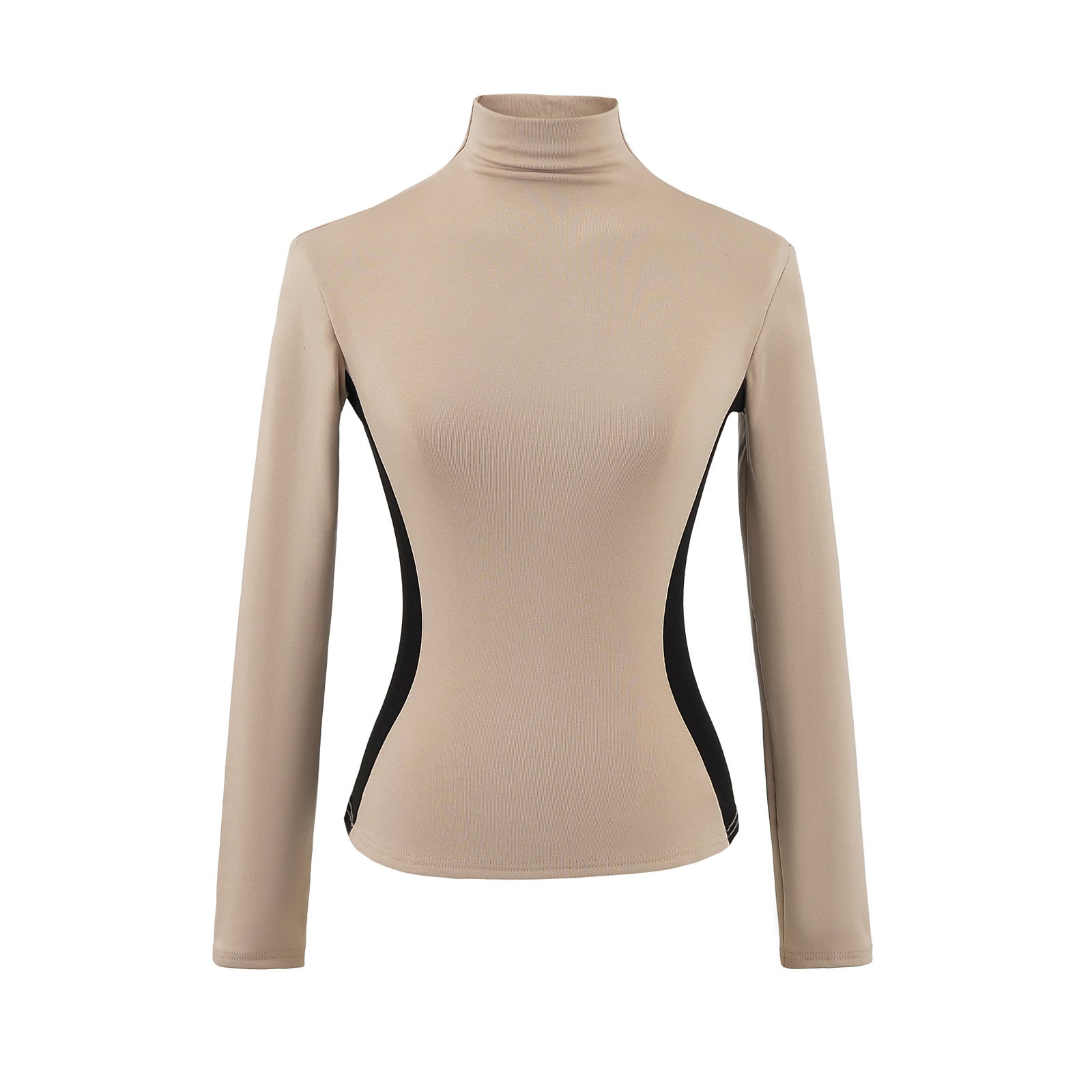 Woman wearing Color Block High-Neck Slim Fit Long Sleeve Top in a casual setting