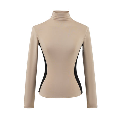 Woman wearing Color Block High-Neck Slim Fit Long Sleeve Top in a casual setting