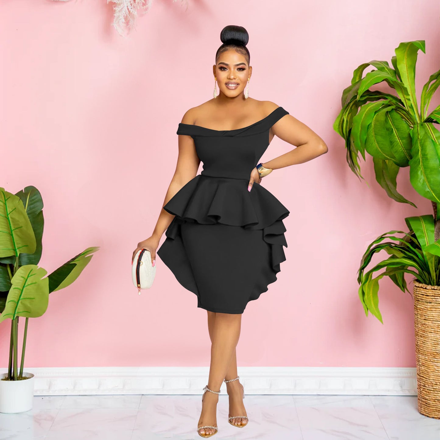 Woman wearing Solid Sleeveless Ruffle Hem Mini Dress in a sunny outdoor setting