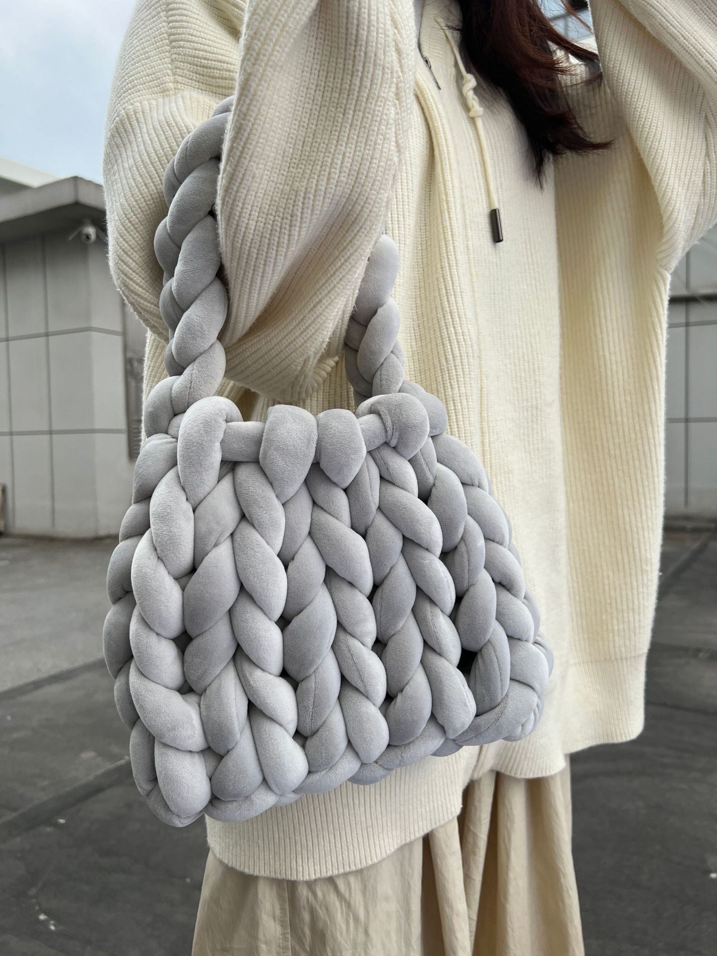 Women's DIY Hand-Woven Crystal Velvet Crossbody Shoulder Bag – Model View | TajStylo