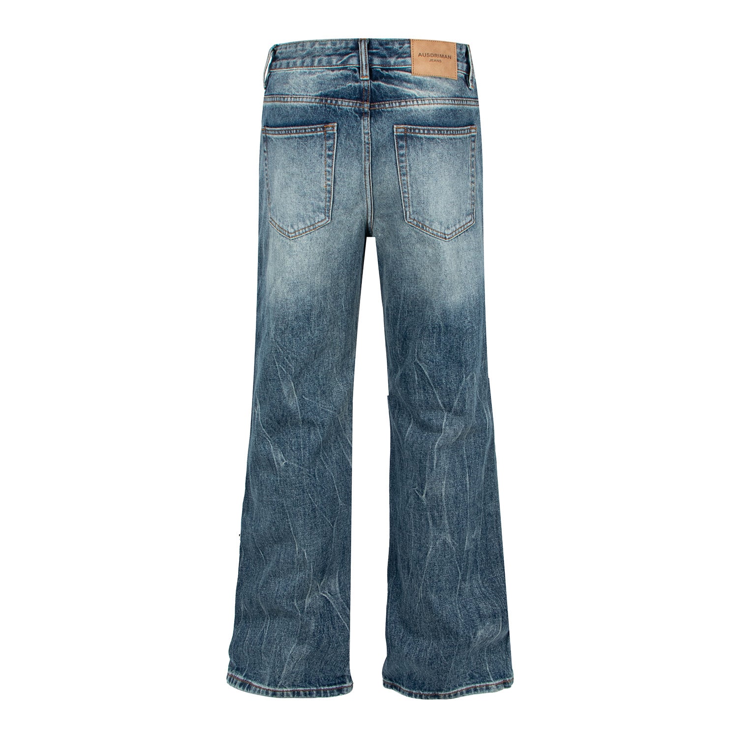 Woman wearing Washed Catwhisker Lightning Pattern Denim Pants in a casual setting