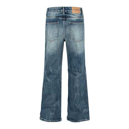 Woman wearing Washed Catwhisker Lightning Pattern Denim Pants in a casual setting