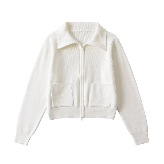 Woman wearing Zipper Lapel Long Sleeve Pocket Top in casual setting